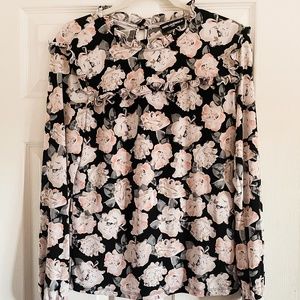 Vintage Karl Lagerfeld Women's Black with Pink Roses Long Sleeve Blouse SZ M